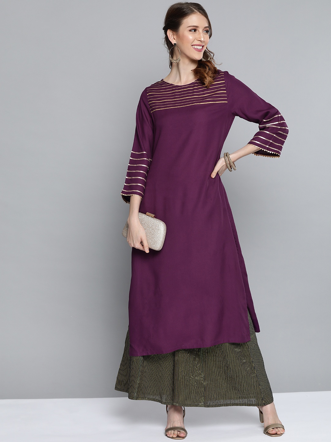 

HERE&NOW Women Purple & Golden Yoke Design Straight Kurta