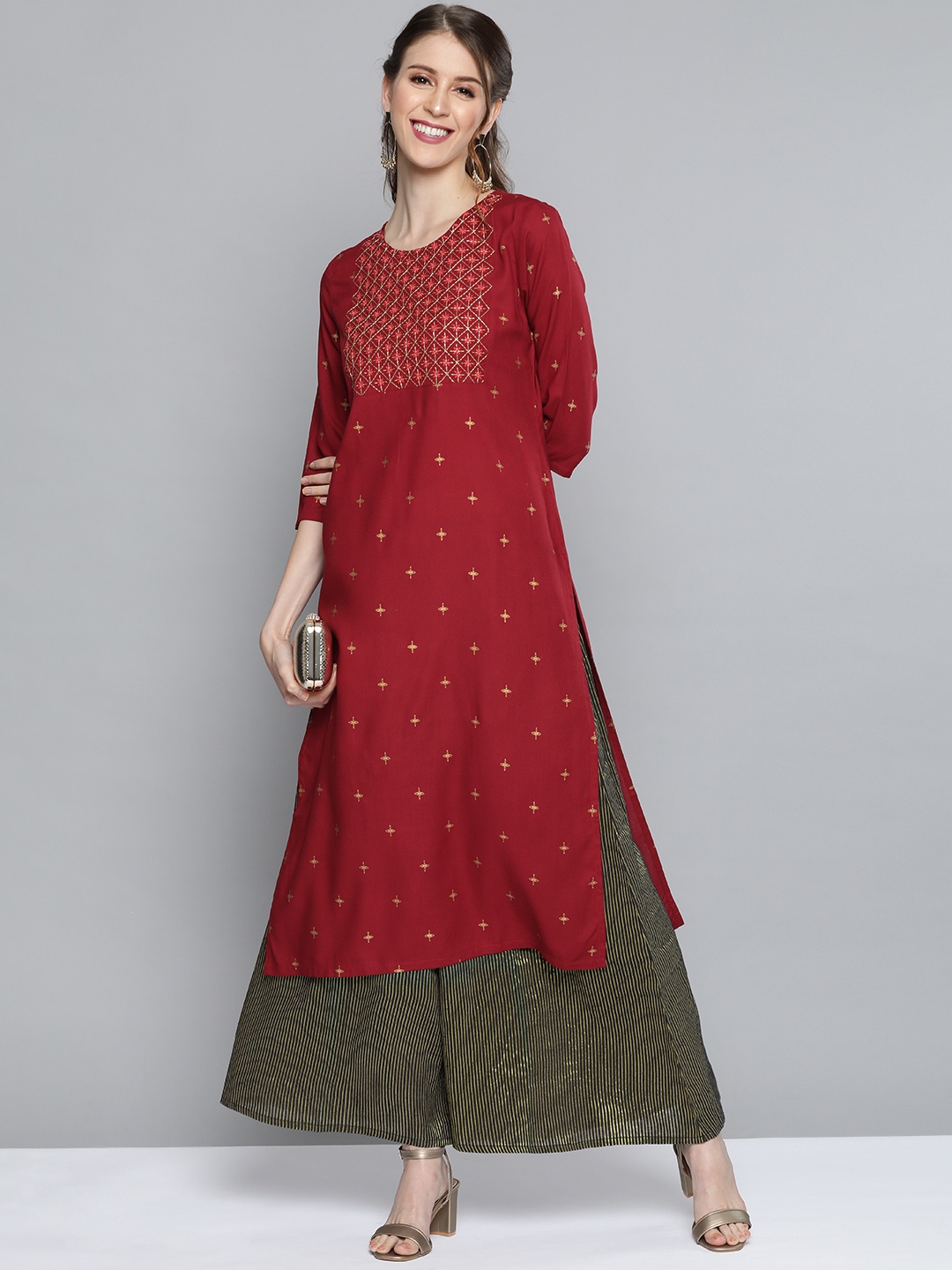 

HERE&NOW Women Maroon & Golden Printed Straight Kurta
