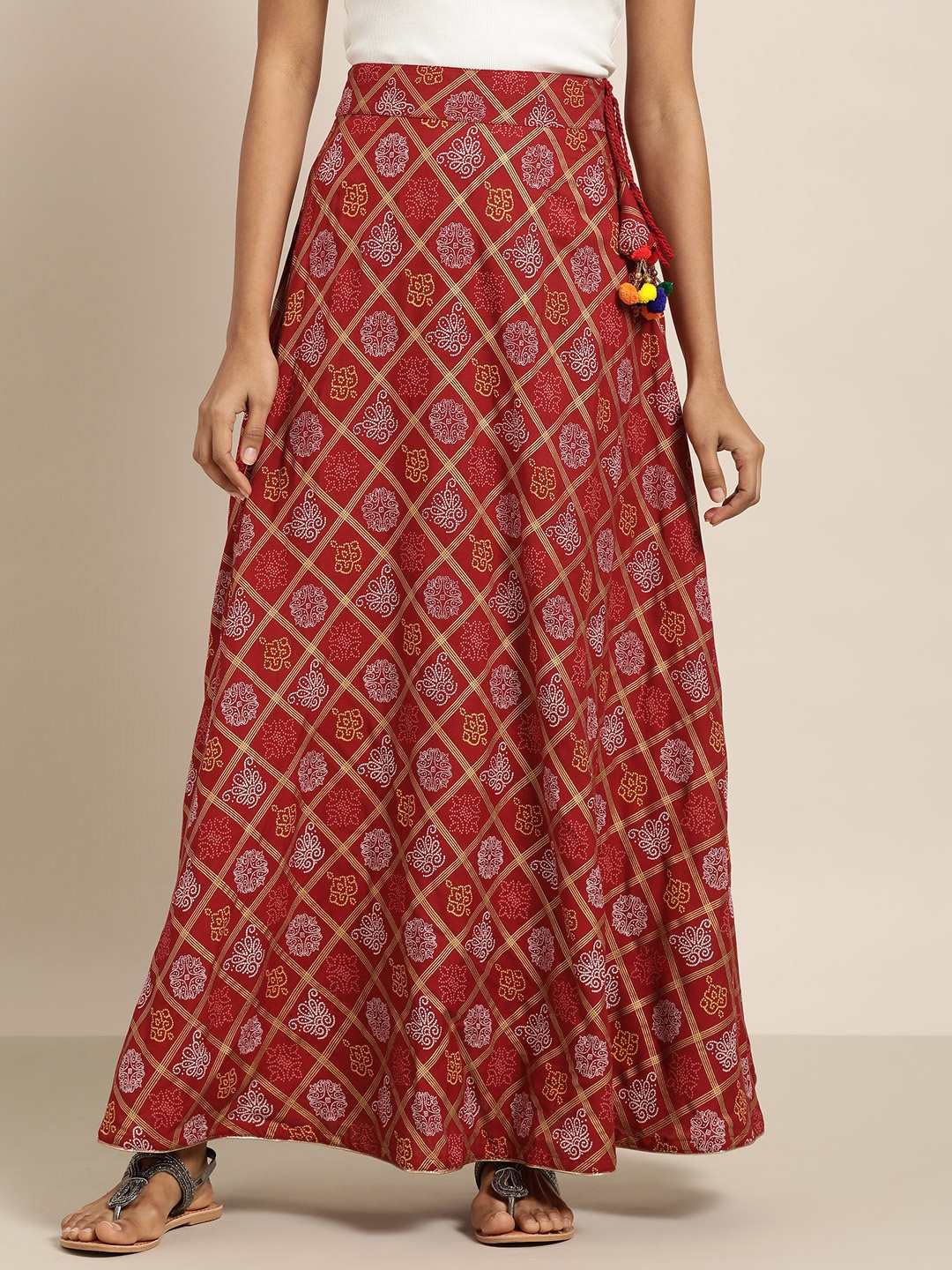 

Moda Rapido Women Maroon & Golden Printed Flared Maxi Skirt