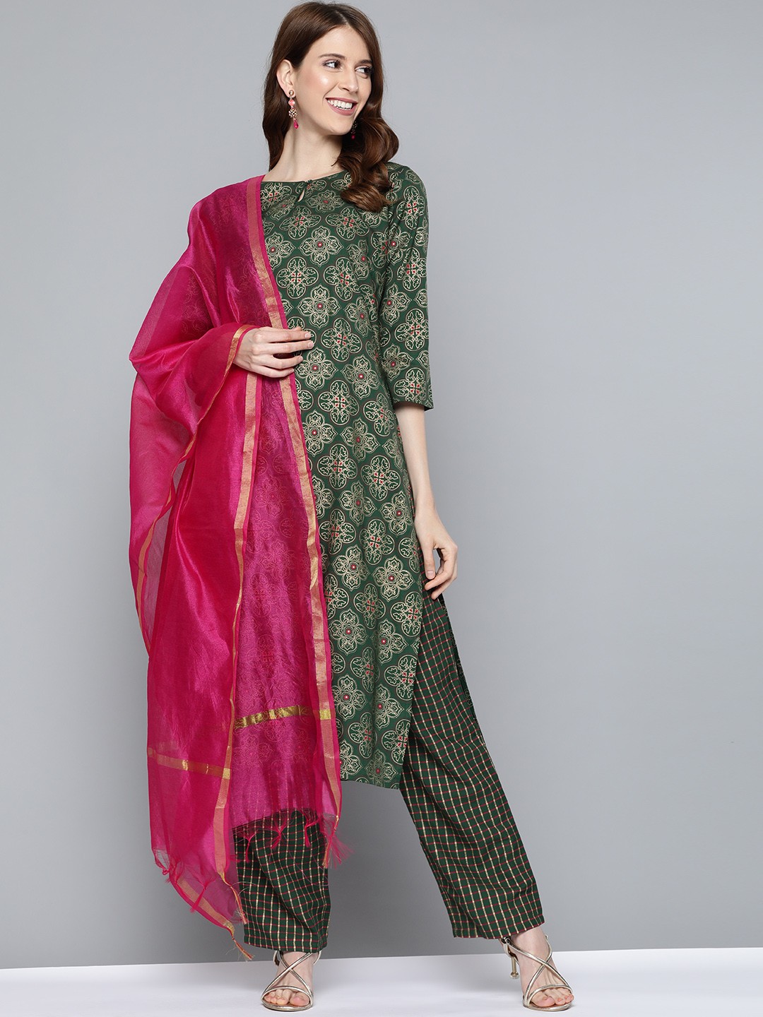 

HERE&NOW Women Green & Pink Printed Kurta with Palazzos & Dupatta