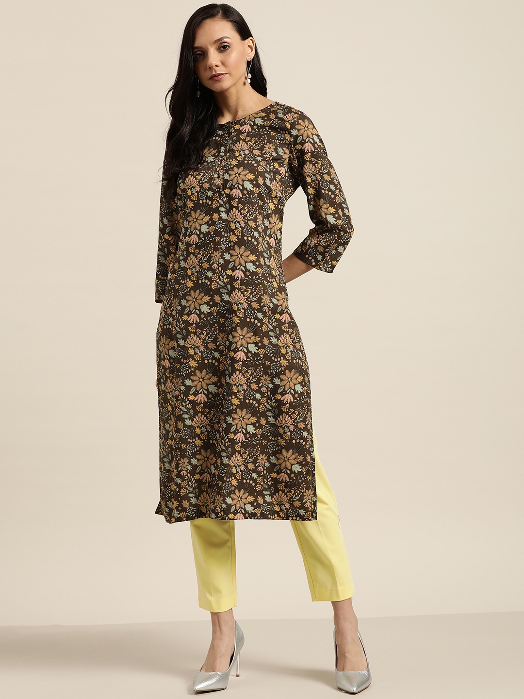 

Moda Rapido Women Brown & Yellow Floral Print Straight Kurta