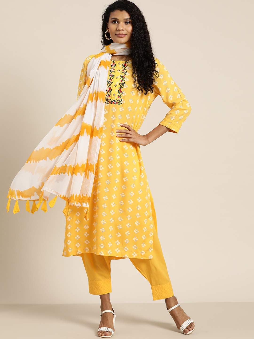 

Moda Rapido Women Yellow & White Bandhani Print Kurta with Salwar & Dupatta