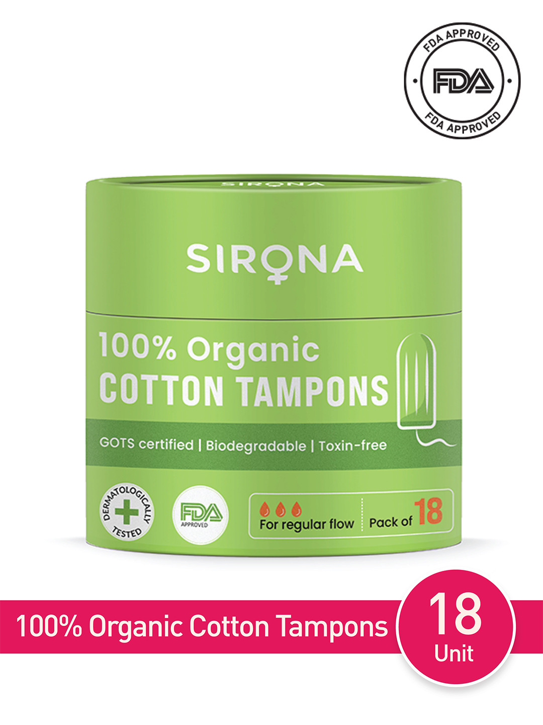 

Sirona Women Pack Of 18 Regular Flow Organic Tampons, White