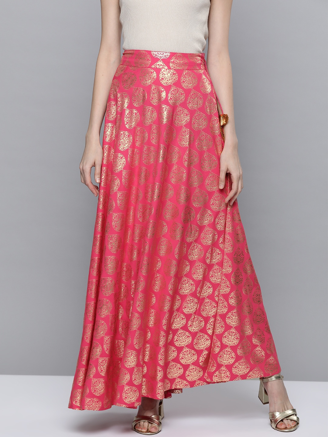 

HERE&NOW Women Pink & Golden Ethnic Motif Print Flared Maxi Skirt