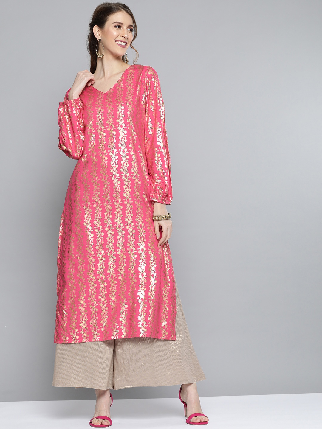 

HERE&NOW Women Pink & Golden Floral Print Straight Kurta