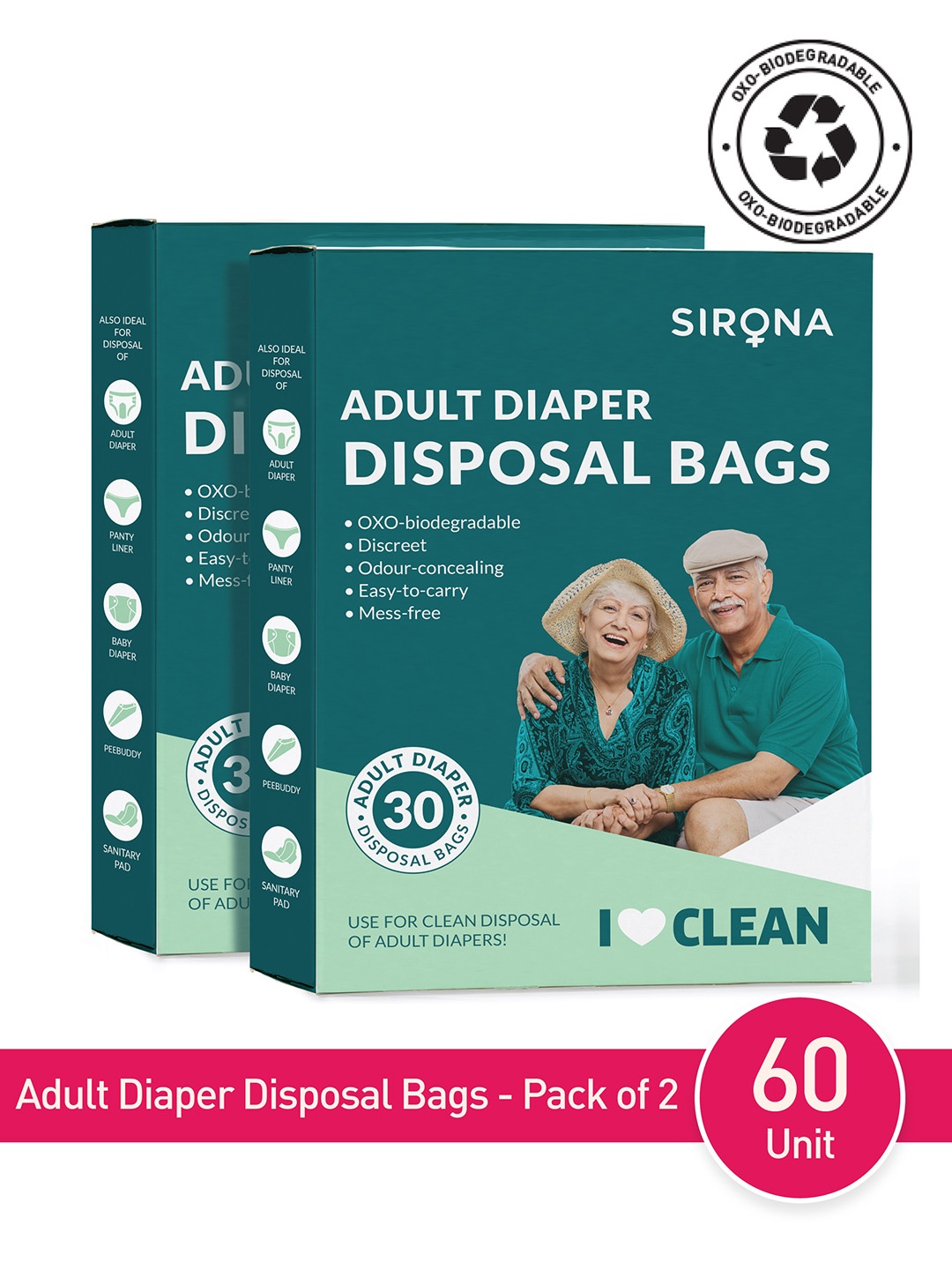 

Sirona Pack of 2 Premium Diaper Disposal Bags for Adults- 30 Bags each, Green