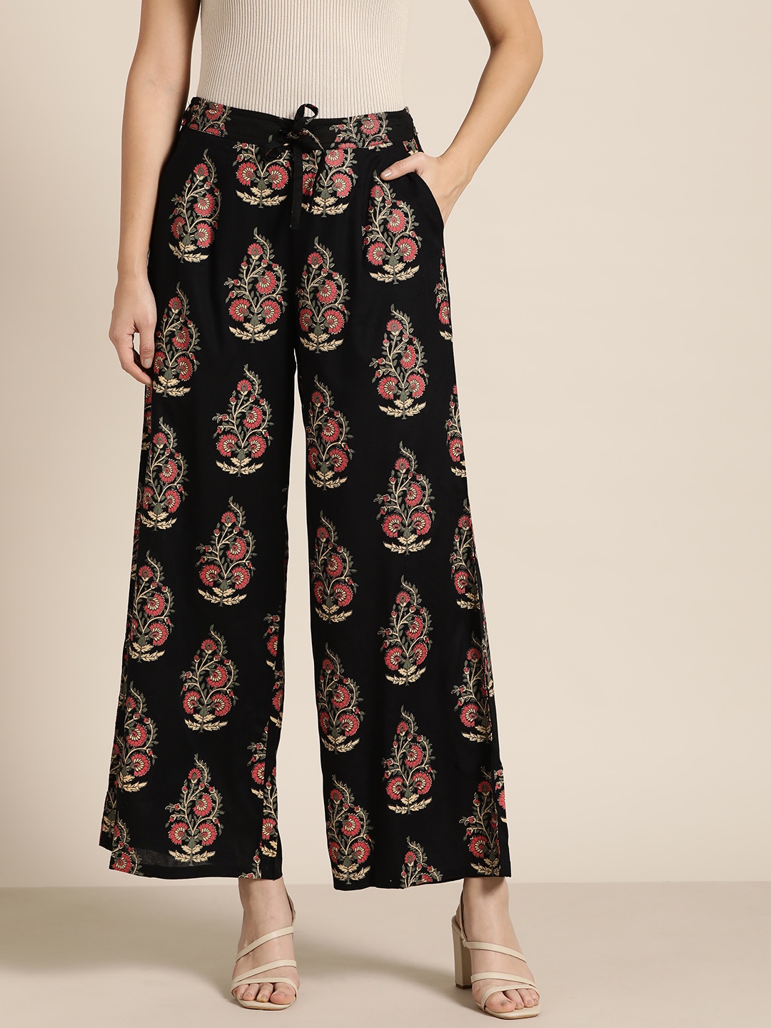 

Moda Rapido Women Black & Red Ethnic Motifs Print Straight Fit Palazzos