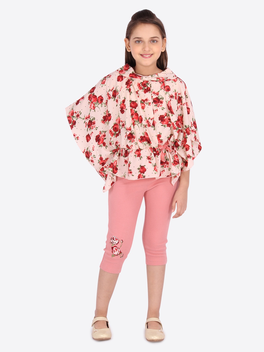 

CUTECUMBER Girls Peach-Coloured & Red Floral Printed Top with Jeggings