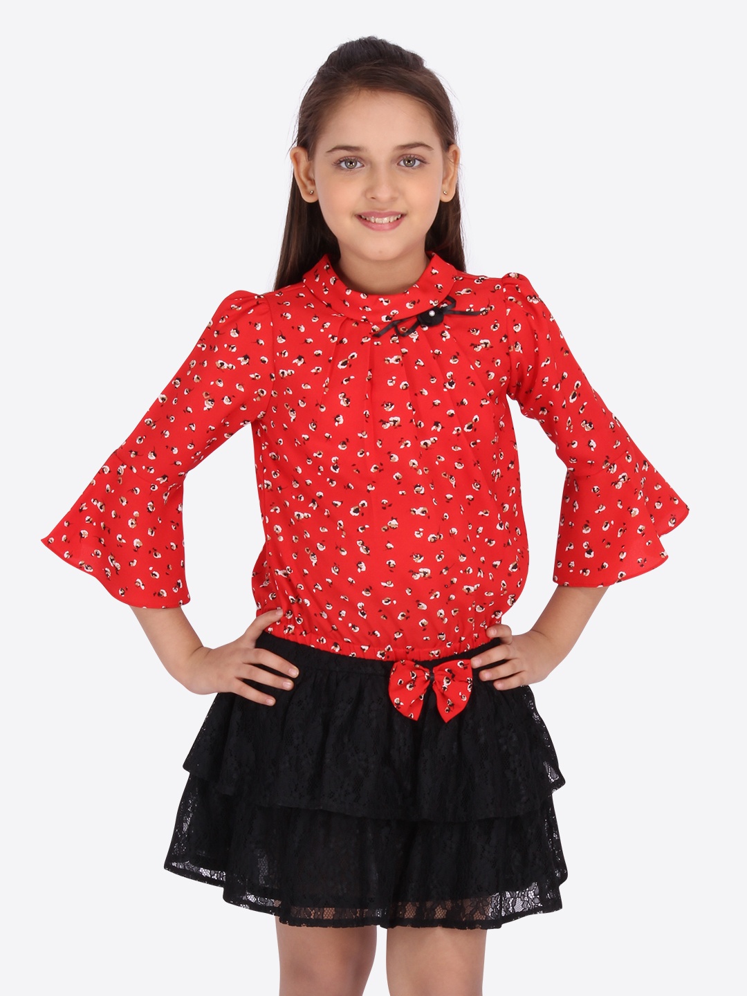 

CUTECUMBER Girls Red & Black Printed Top with Skirt