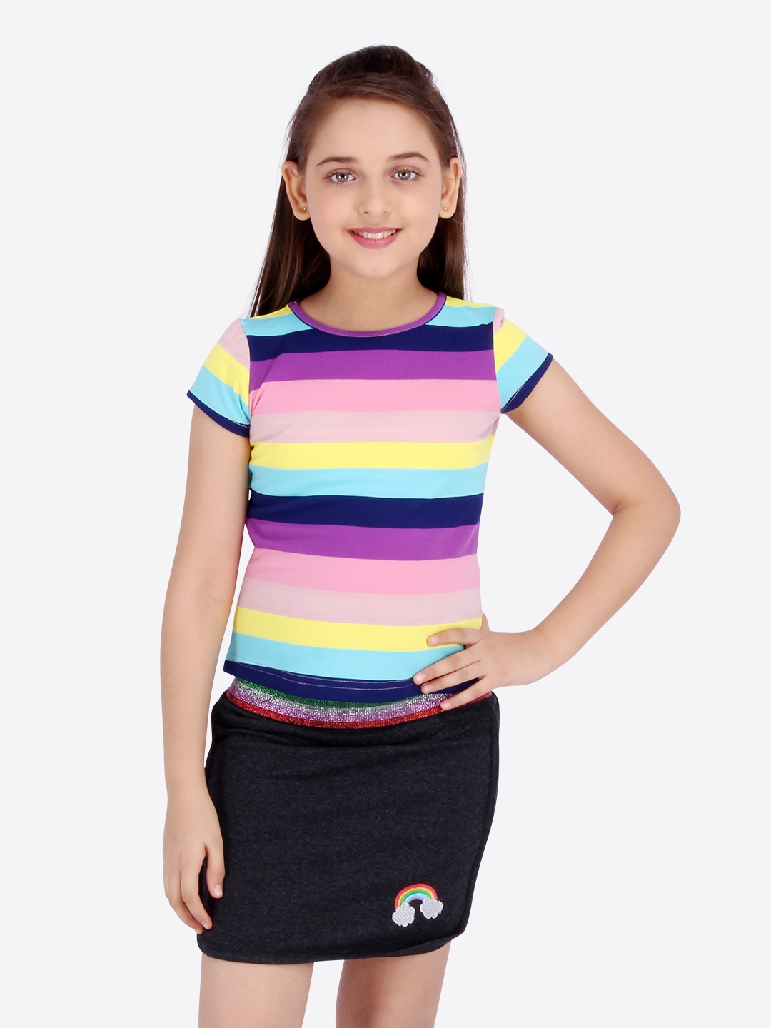 

CUTECUMBER Girls Pink & Black Striped Top with Skirt