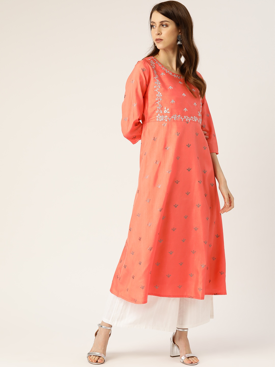 

Moda Rapido Women Coral Orange & Golden Printed A-Line Kurta