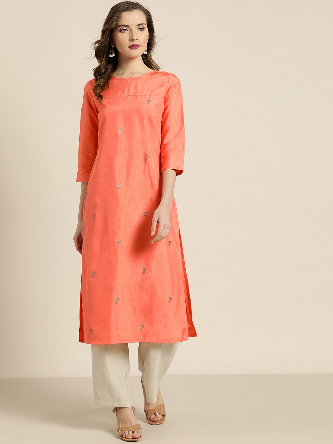 

Moda Rapido Women Coral Pink & Silver Printed Straight Kurta