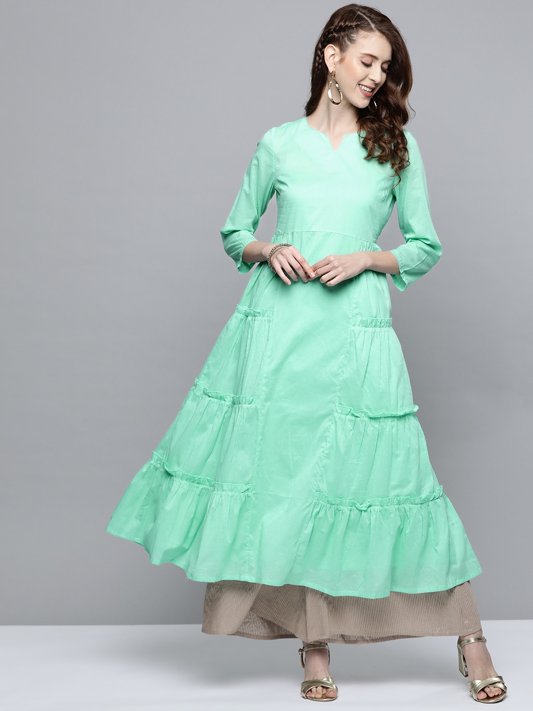 

HERE&NOW Women Sea Green Solid Tiered Layered A-Line Kurta