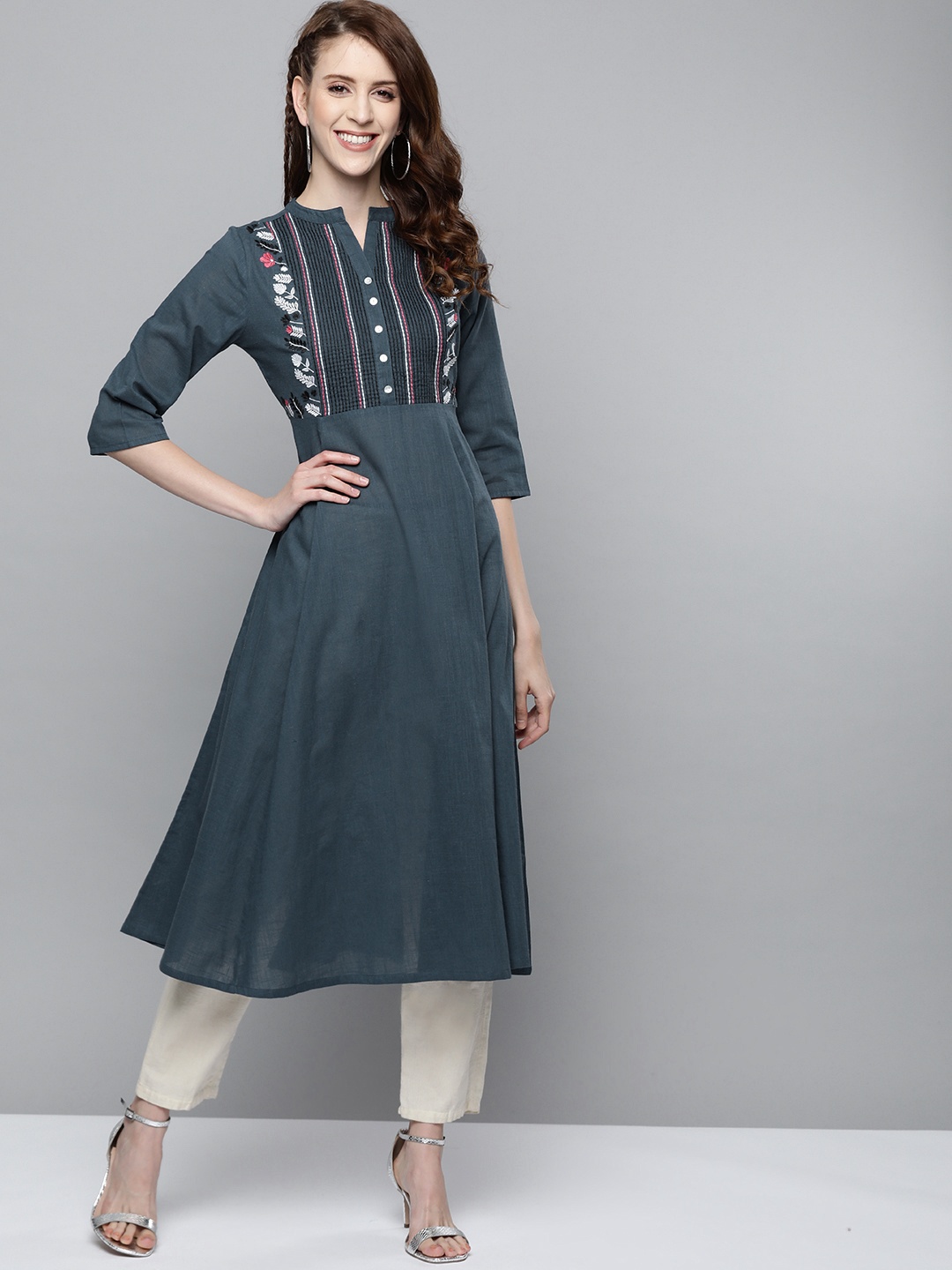 

HERE&NOW Women Navy Blue Yoke Design A-Line Kurta