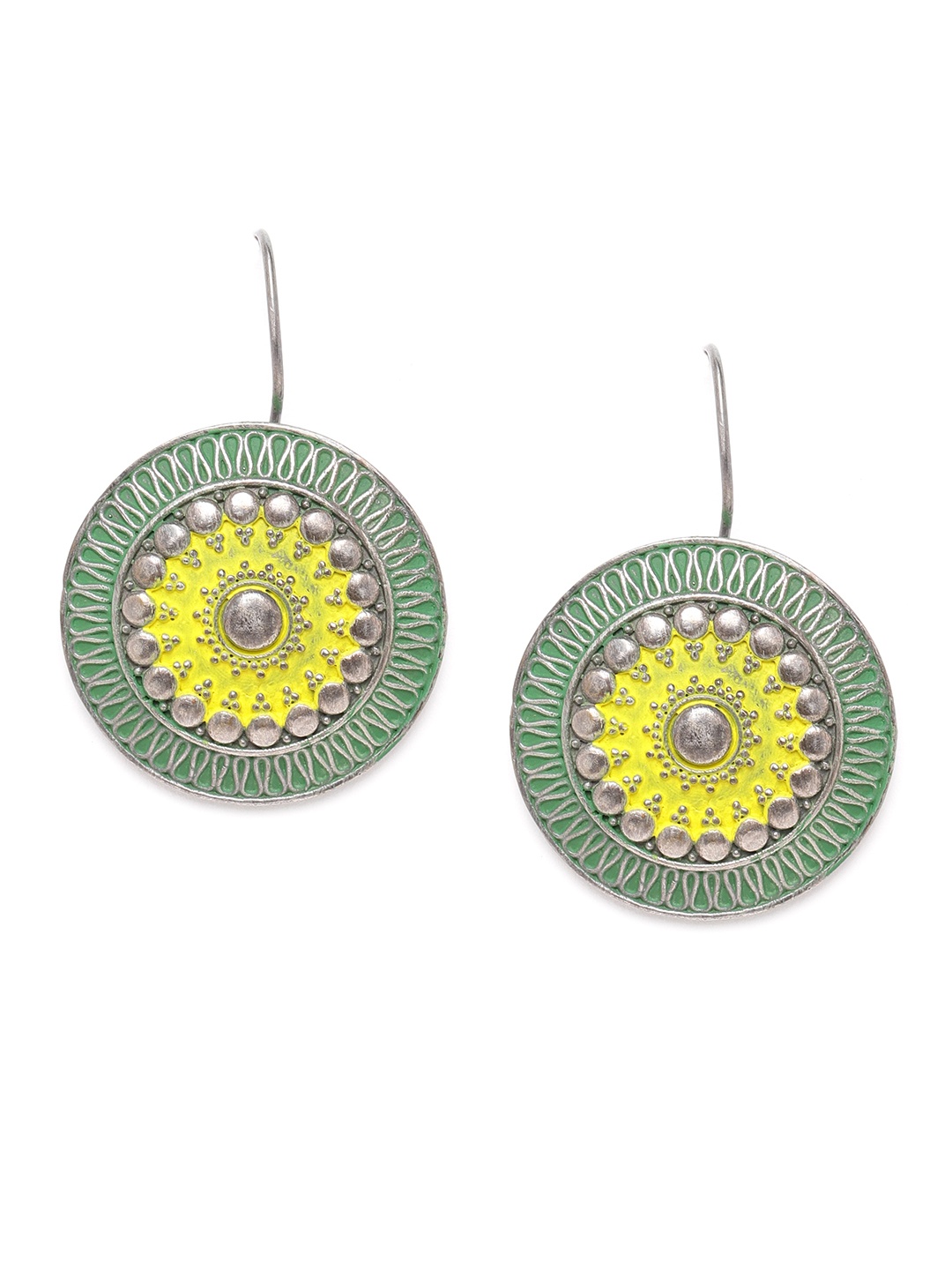 

Anouk Green & Yellow Oxidised Silver-Plated Enamelled Circular Drop Earrings