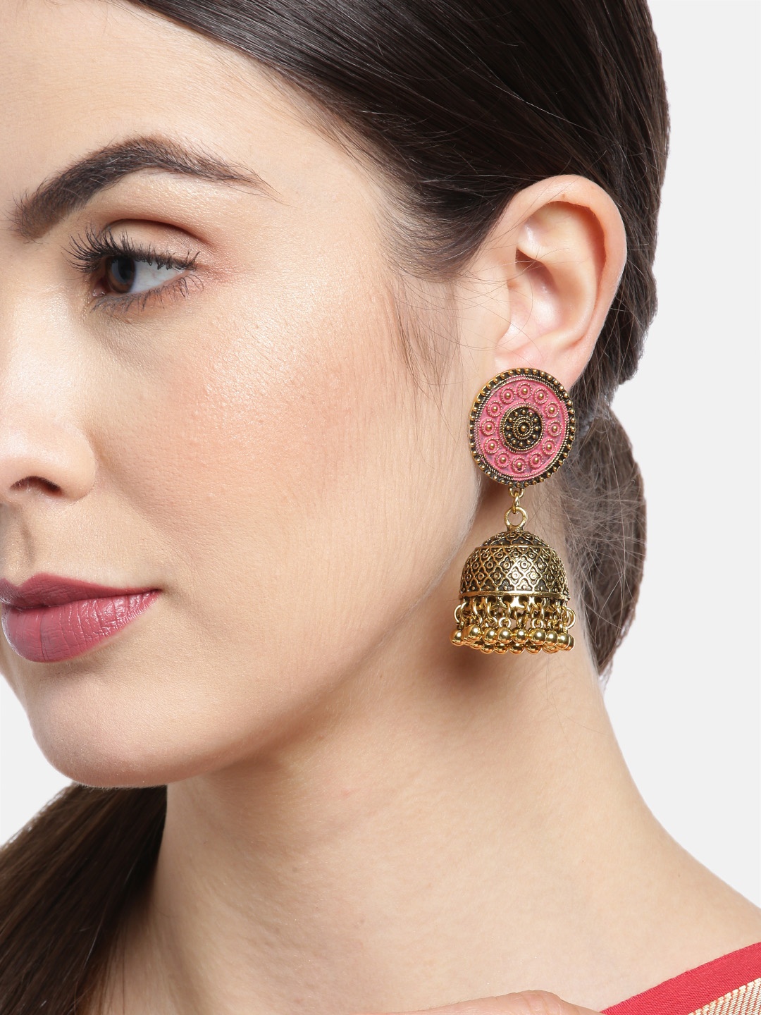 

Anouk Pink Antique Gold-Plated Enamelled Dome-Shaped Jhumkas