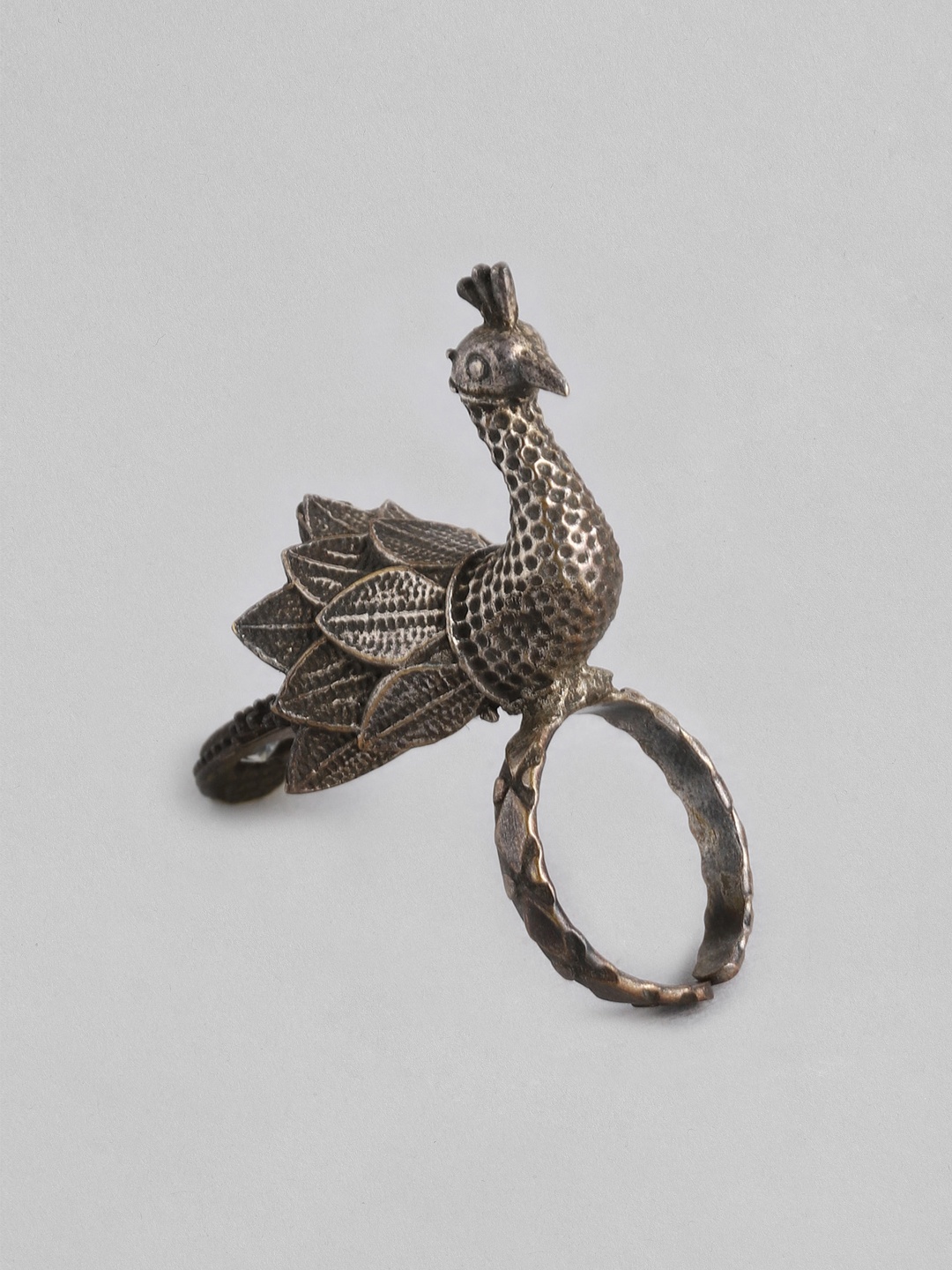 

Anouk Silver-Plated Oxidized Peacock Design Adjustable Finger Ring