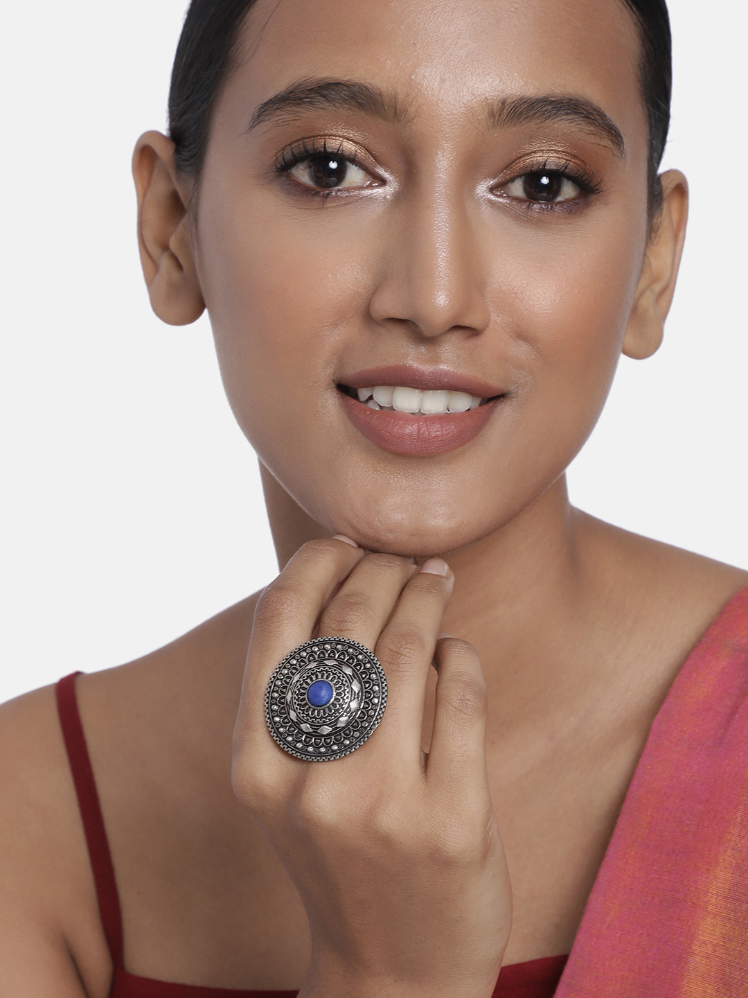 

Anouk Oxidized Silver-Plated Blue Meenakari Adjustable Finger Ring