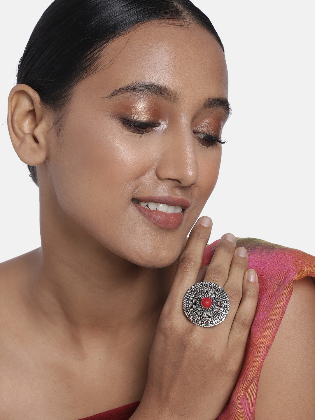

Anouk Oxidized Silver-Plated Red Meenakari Adjustable Finger Ring