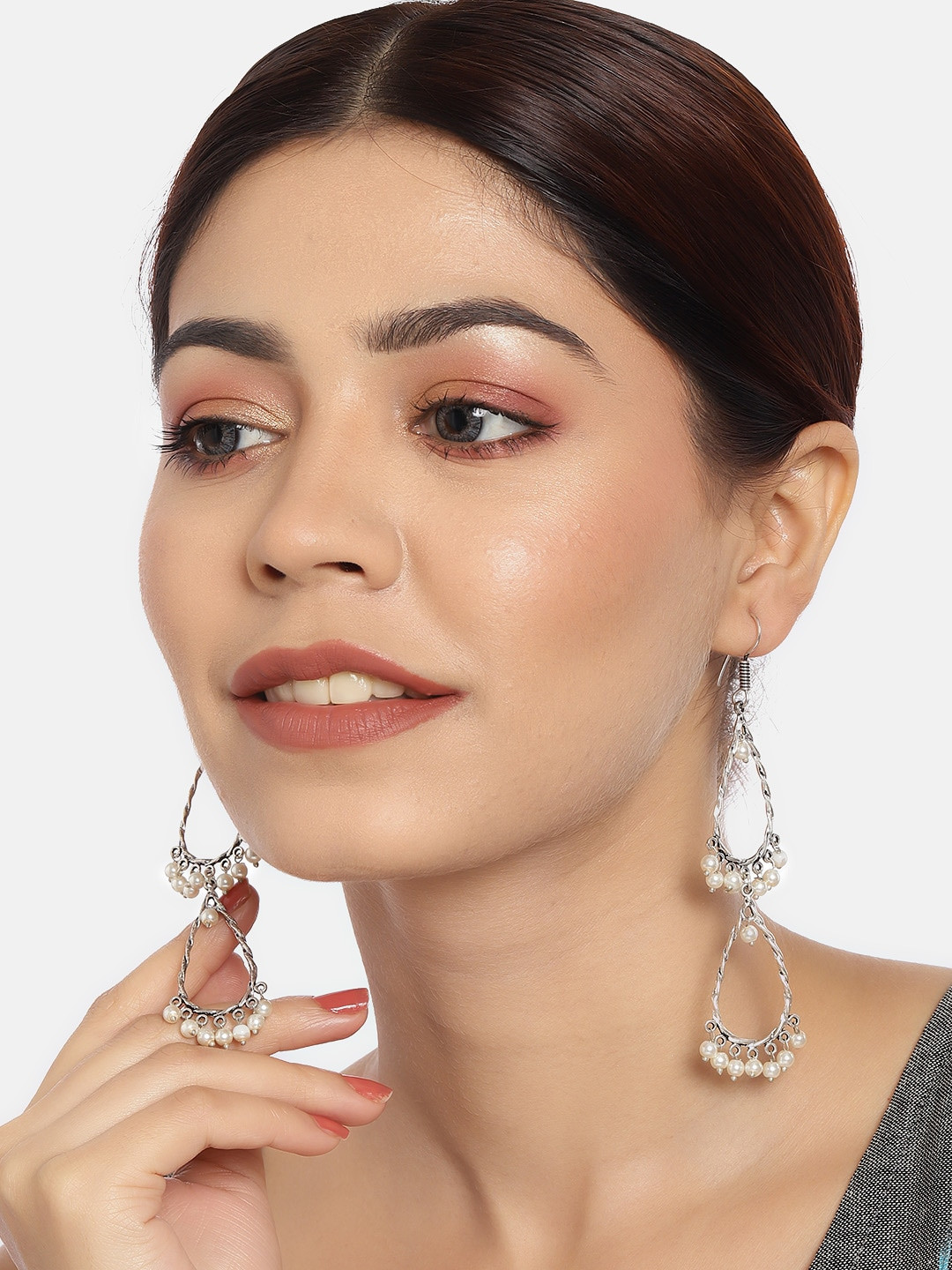 

Anouk Oxidized Silver-Plated Layered Beaded Teardrop Shaped Drop Earrings