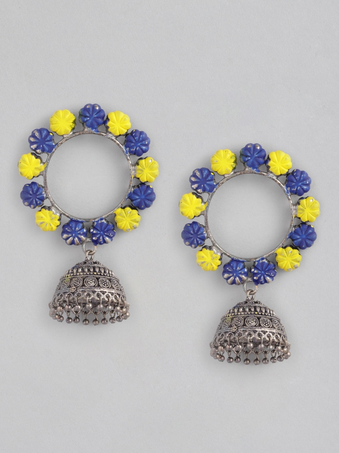 

Anouk Blue & Yellow Oxidised Silver-Plated Enamelled Dome Shaped Jhumkas