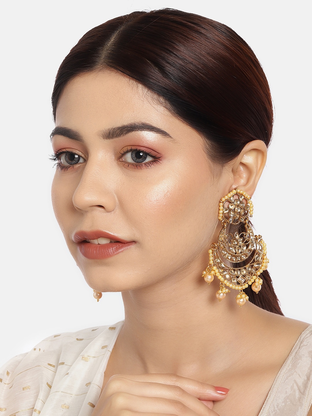 

Anouk Gold-Plated Studded Chandelier Crescent Shaped Drop Earrings