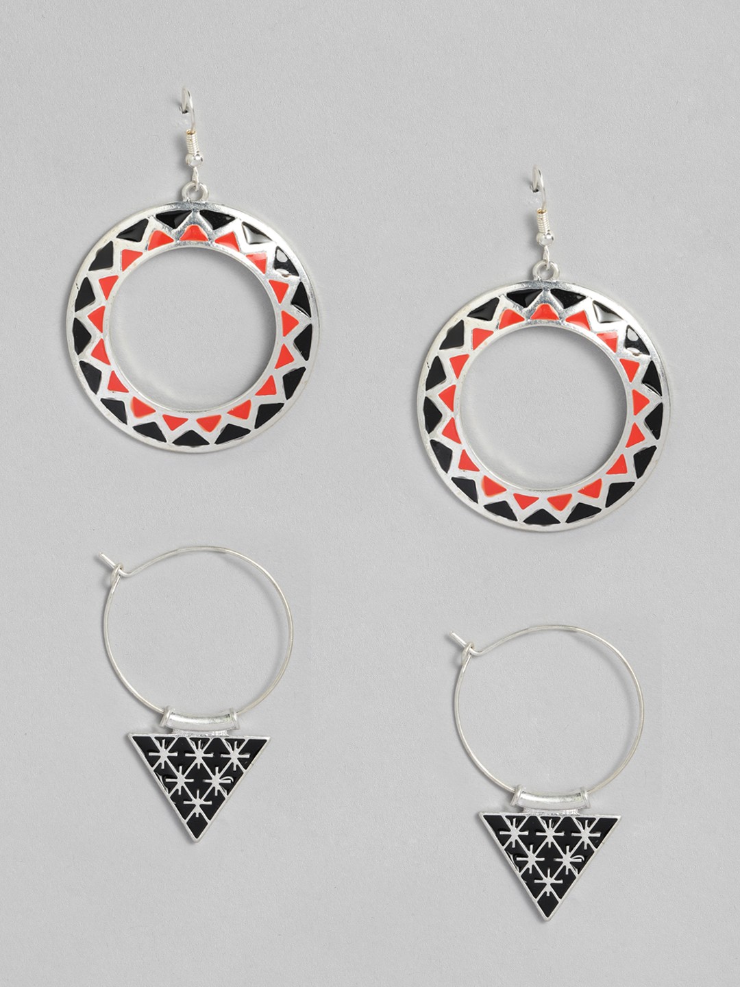

Anouk Silver-Toned & Black Set Of 2 Geometric Hoop Earrings