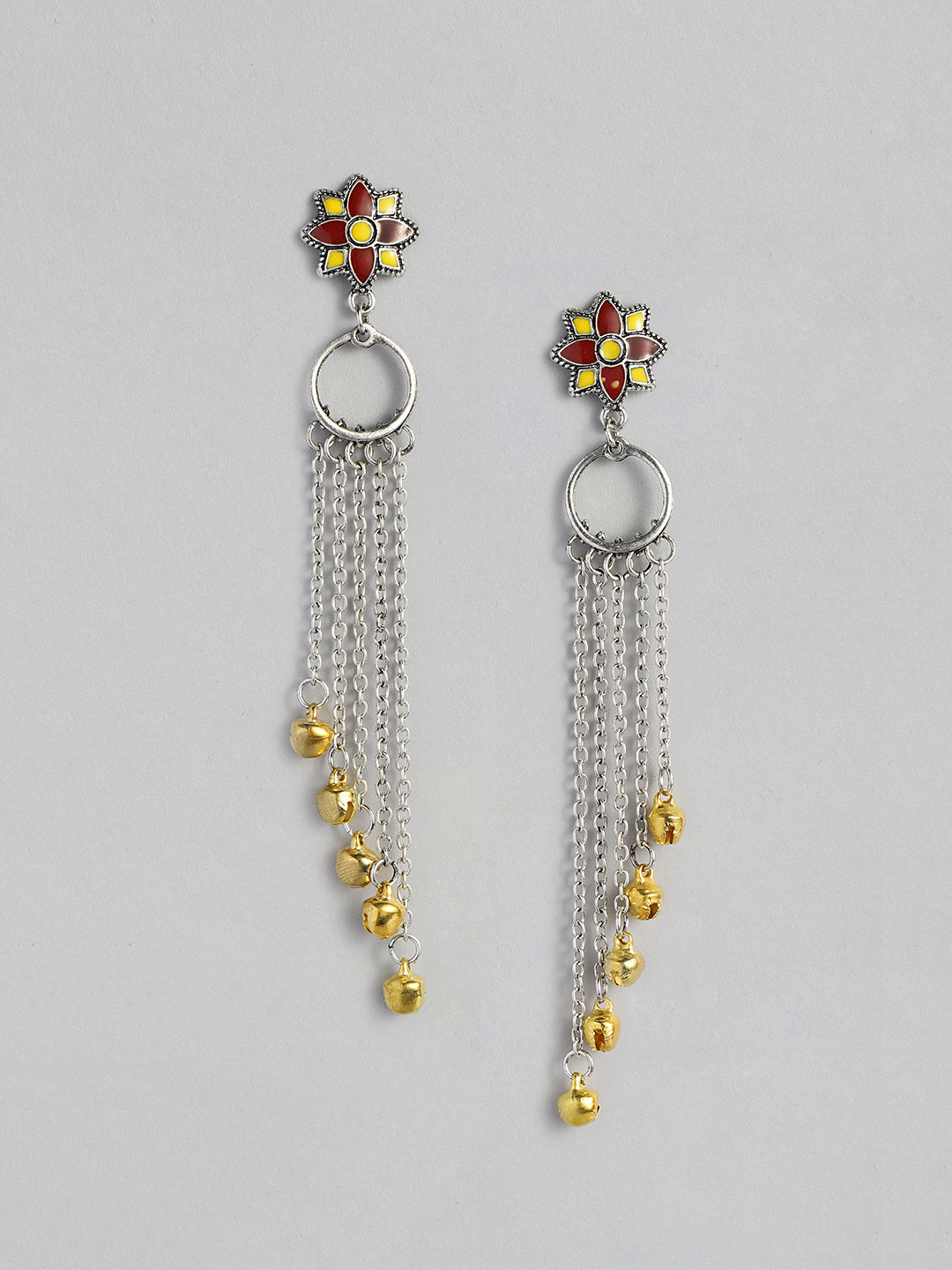 

Anouk Yellow & Red Oxidized Silver-Plated Tasselled Enamelled Floral Drop Earrings