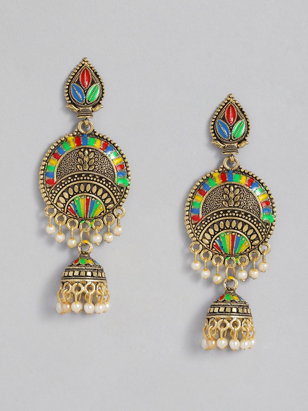 

Anouk Yellow & Blue Antique Gold-Plated Beaded Enamelled Jhumkas