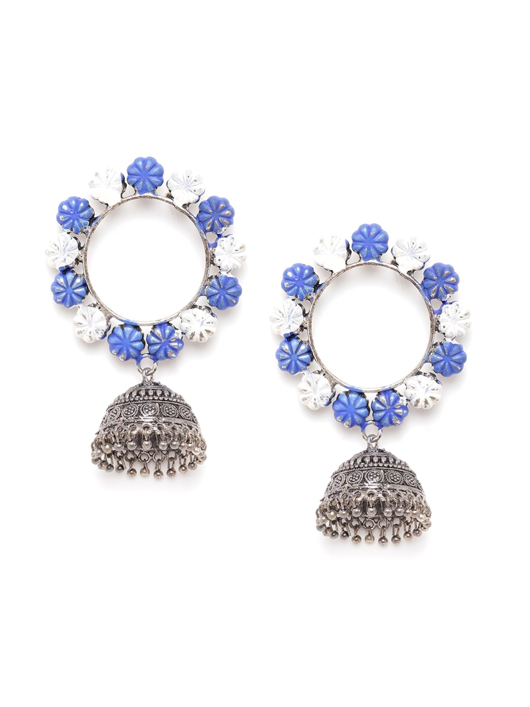 

Anouk Blue & White Oxidised Silver-Plated Enamelled Dome Shaped Jhumkas