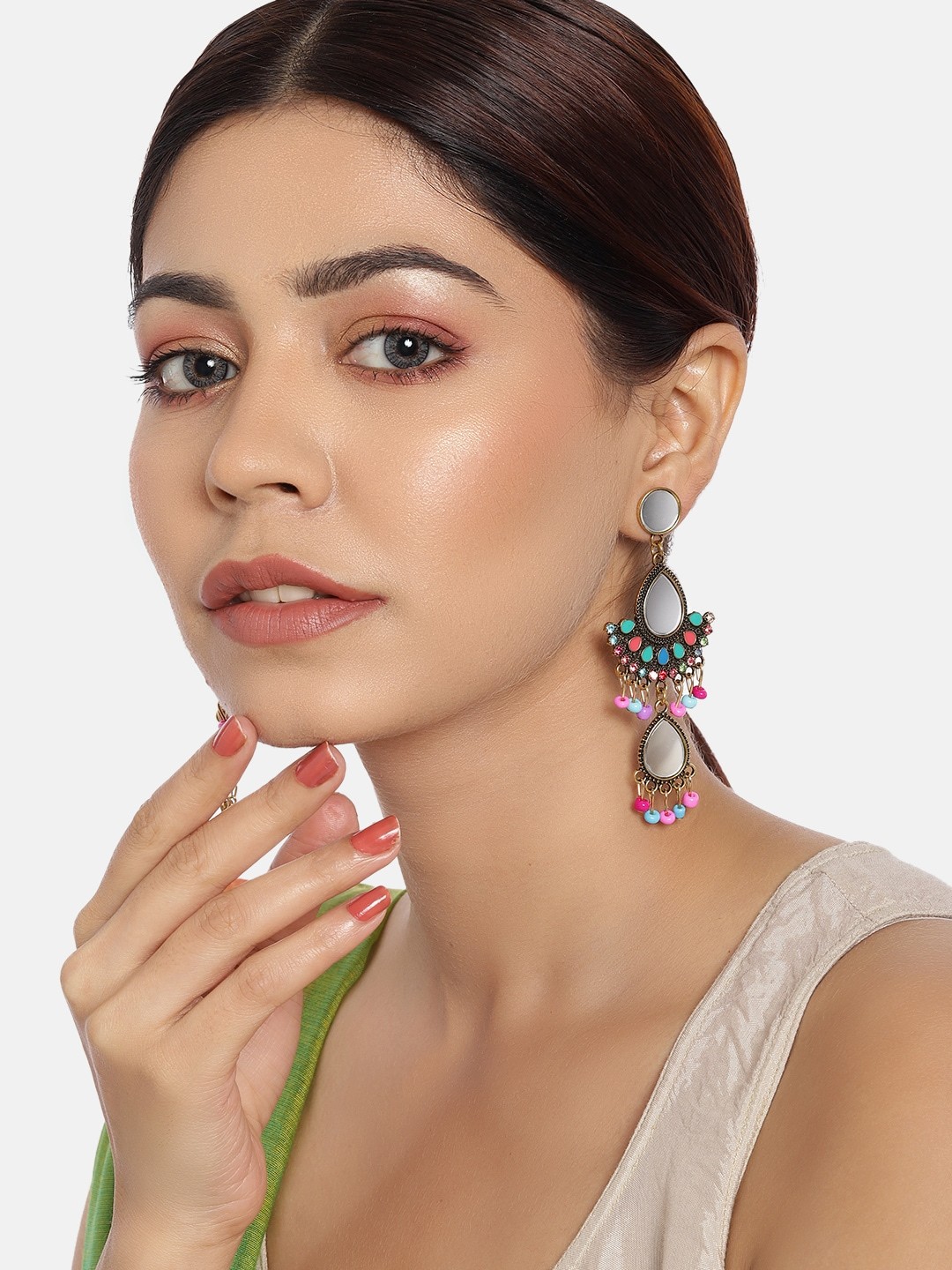 

Anouk Multicoloured Antique Gold-Plated Enamelled Mirror Teardrop Shaped Drop Earrings, Multi