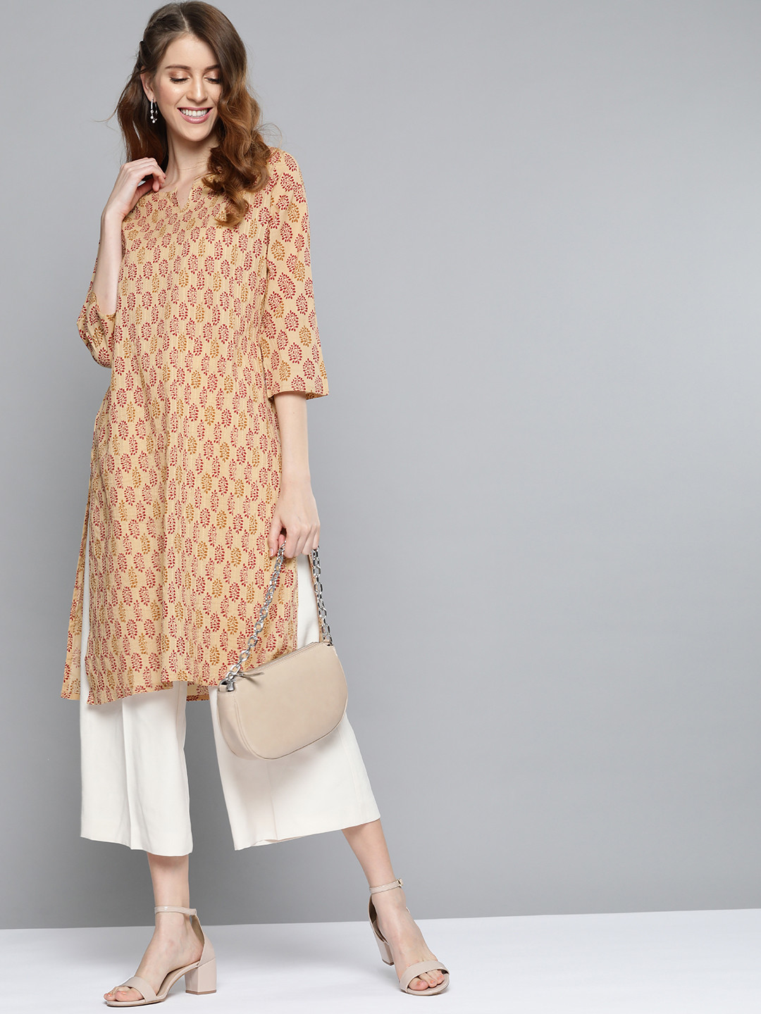

HERE&NOW Women Beige & Maroon Printed Straight Kurta