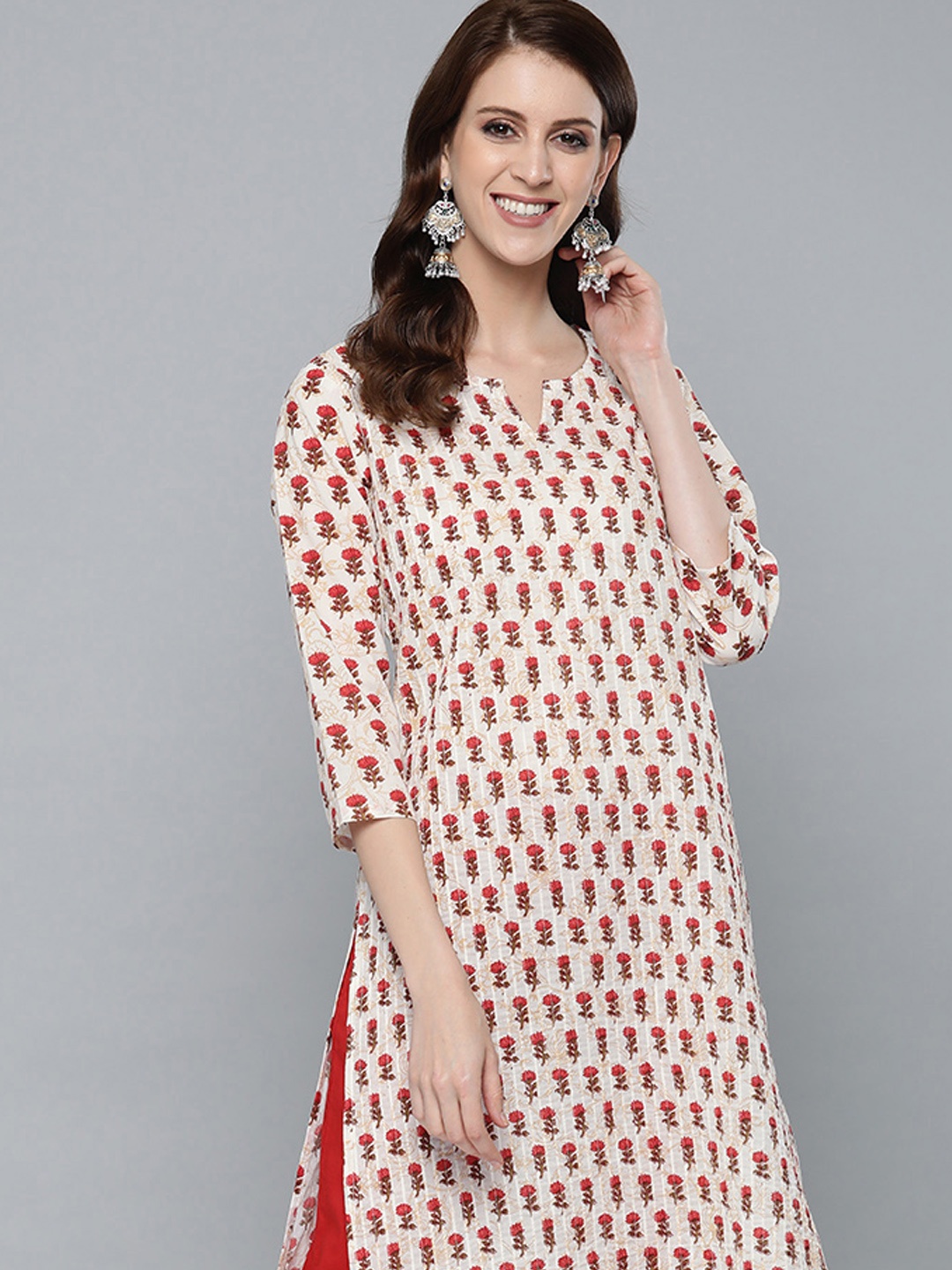 

HERE&NOW Women White & Red Pintuck Floral Printed Straight Kurta