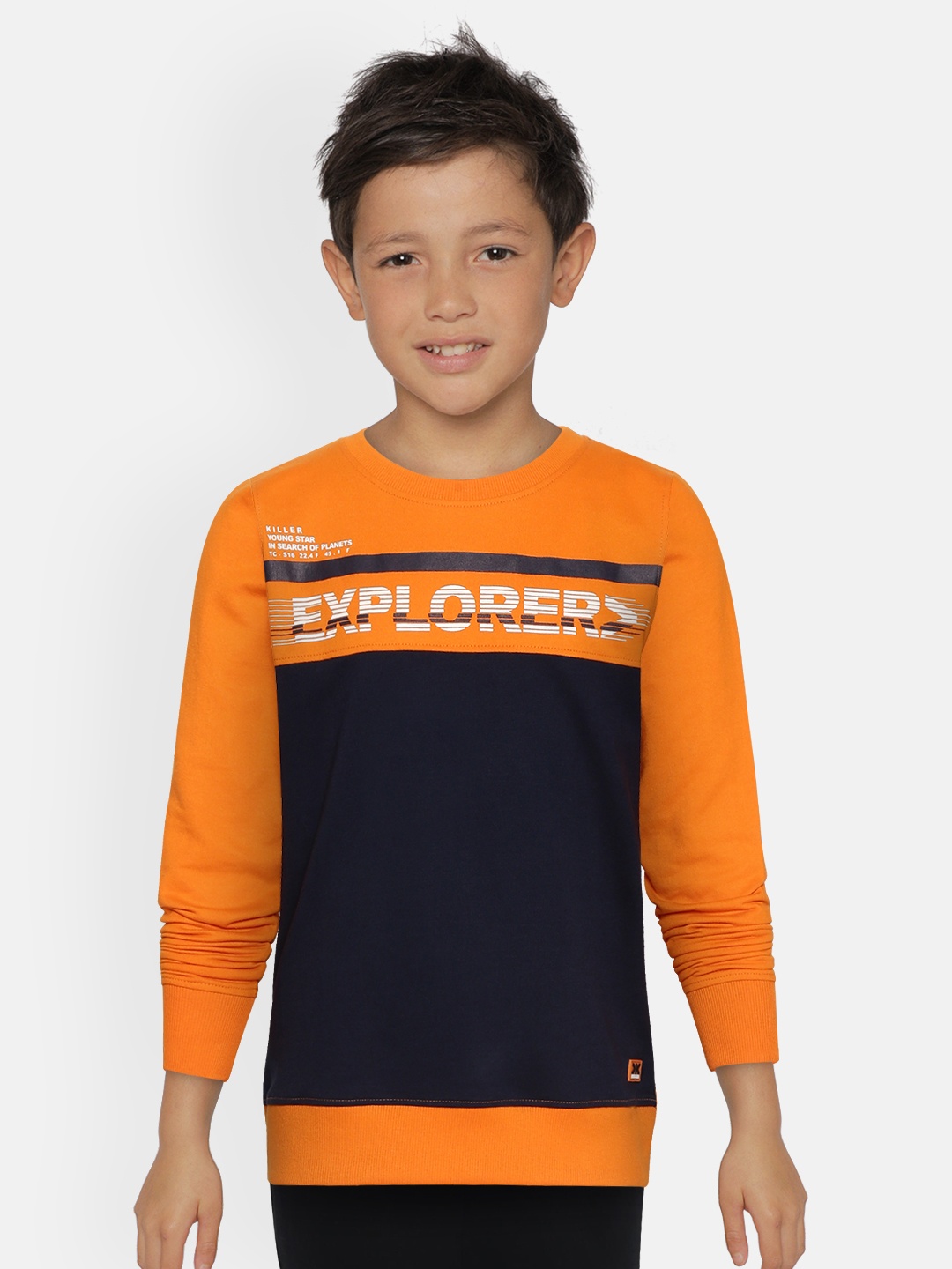 

Killer Boys Orange & Navy Blue Colourblocked & Printed Sweatshirt