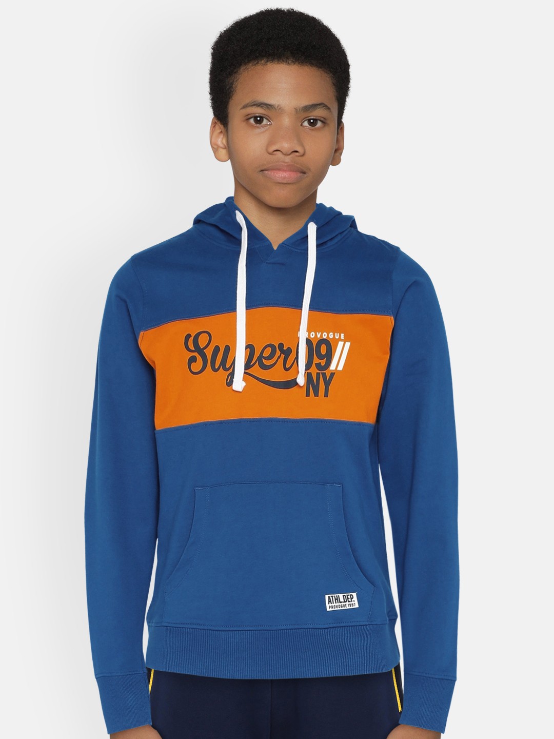 

Provogue Boys Blue & Orange Colourblocked Hooded Sweatshirt