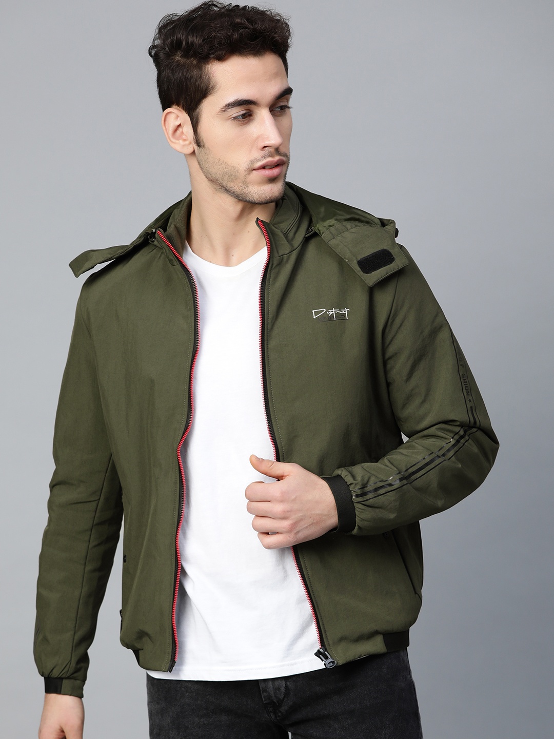 

Fort Collins Men Olive Green Solid Lightweight Hooded Bomber Jacket
