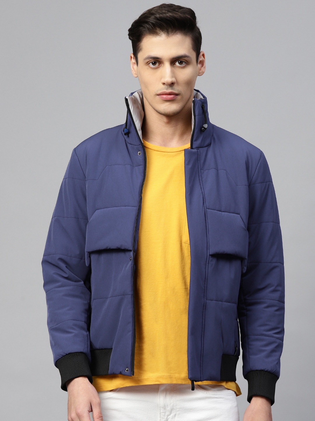 

Fort Collins Men Navy Blue Solid Lightweight Bomber Jacket