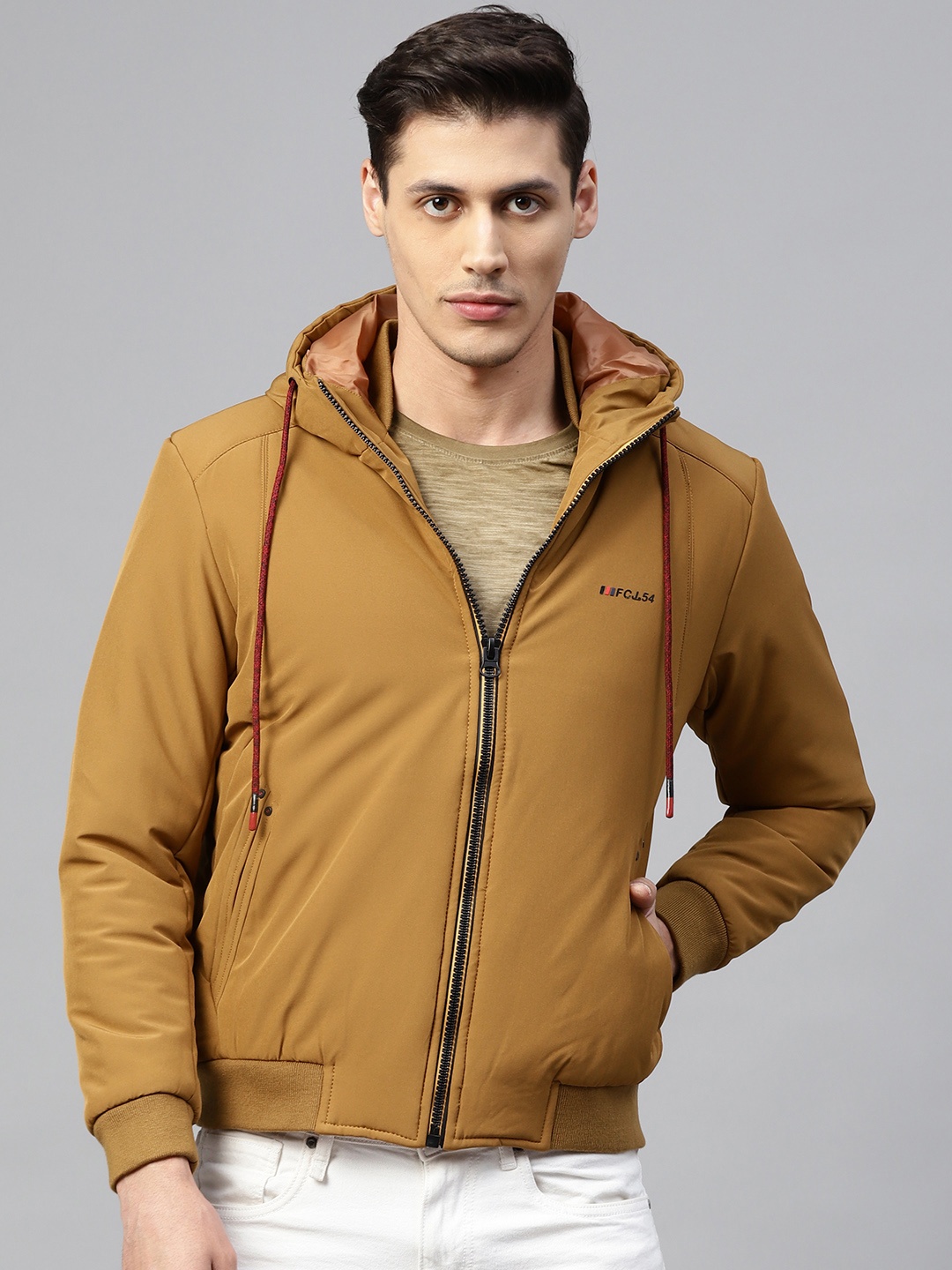 

Fort Collins Men Mustard Brown Solid Lightweight Hooded Bomber Jacket
