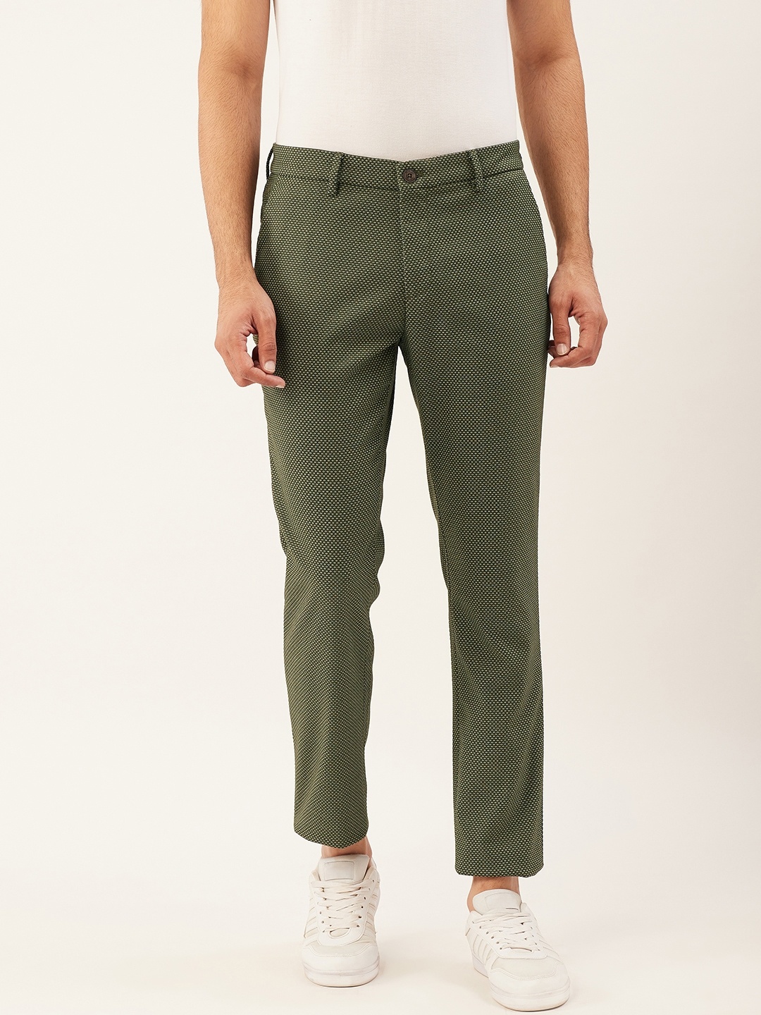 

United Colors of Benetton Men Olive Green Tailored Slim Fit Dobby Weaved Regular Trousers