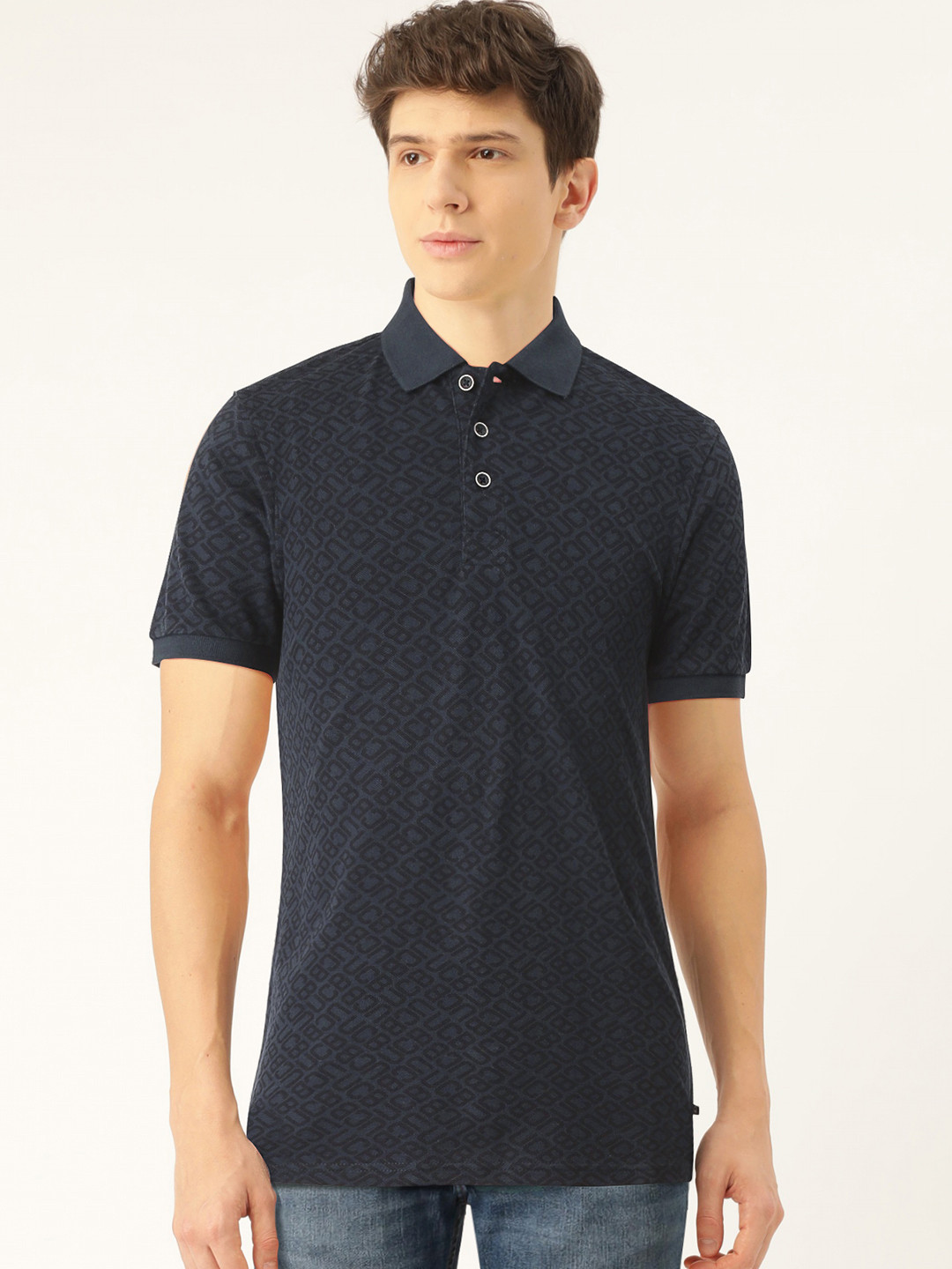

United Colors of Benetton Men Navy Blue Black Brand Logo Printed Polo Collar Pure Cotton T-shirt