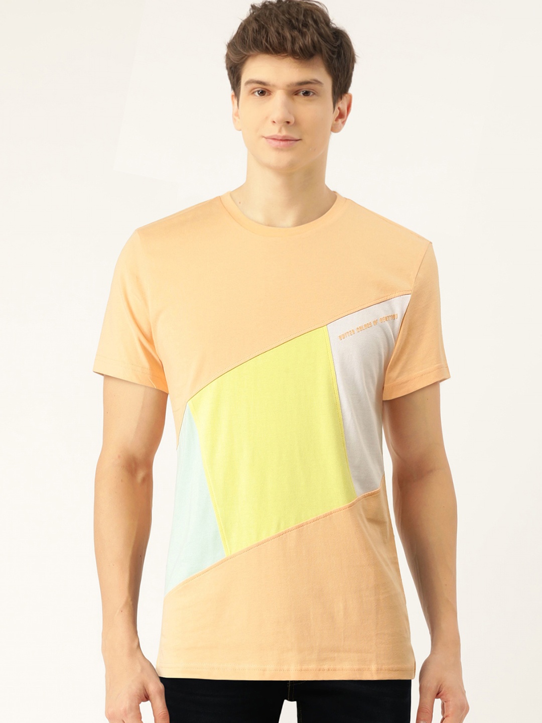 

United Colors of Benetton Men Peach-Coloured Yellow Colourblocked Round Neck Pure Cotton T-shirt
