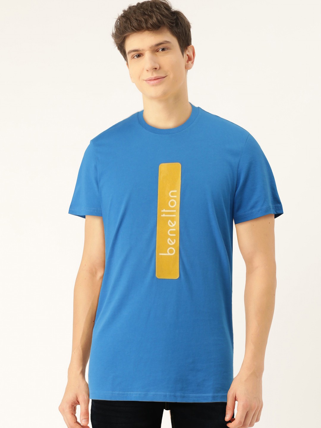 

United Colors of Benetton Men Blue Yellow Self Design Round Neck Pure Cotton T-shirt
