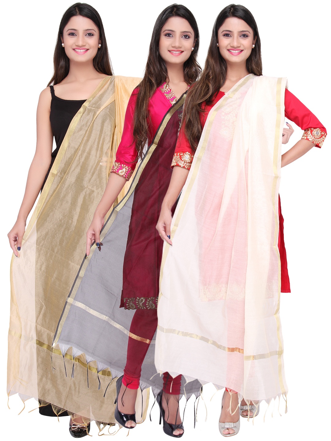 

Dupatta Bazaar Pack of 3 Self-Checked Art Silk Dupattas, White