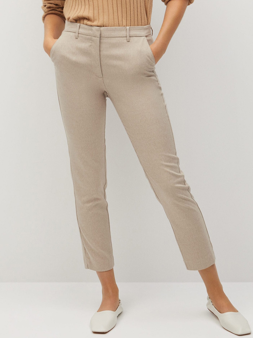 

MANGO Women Beige Regular Fit Solid Formal Trousers