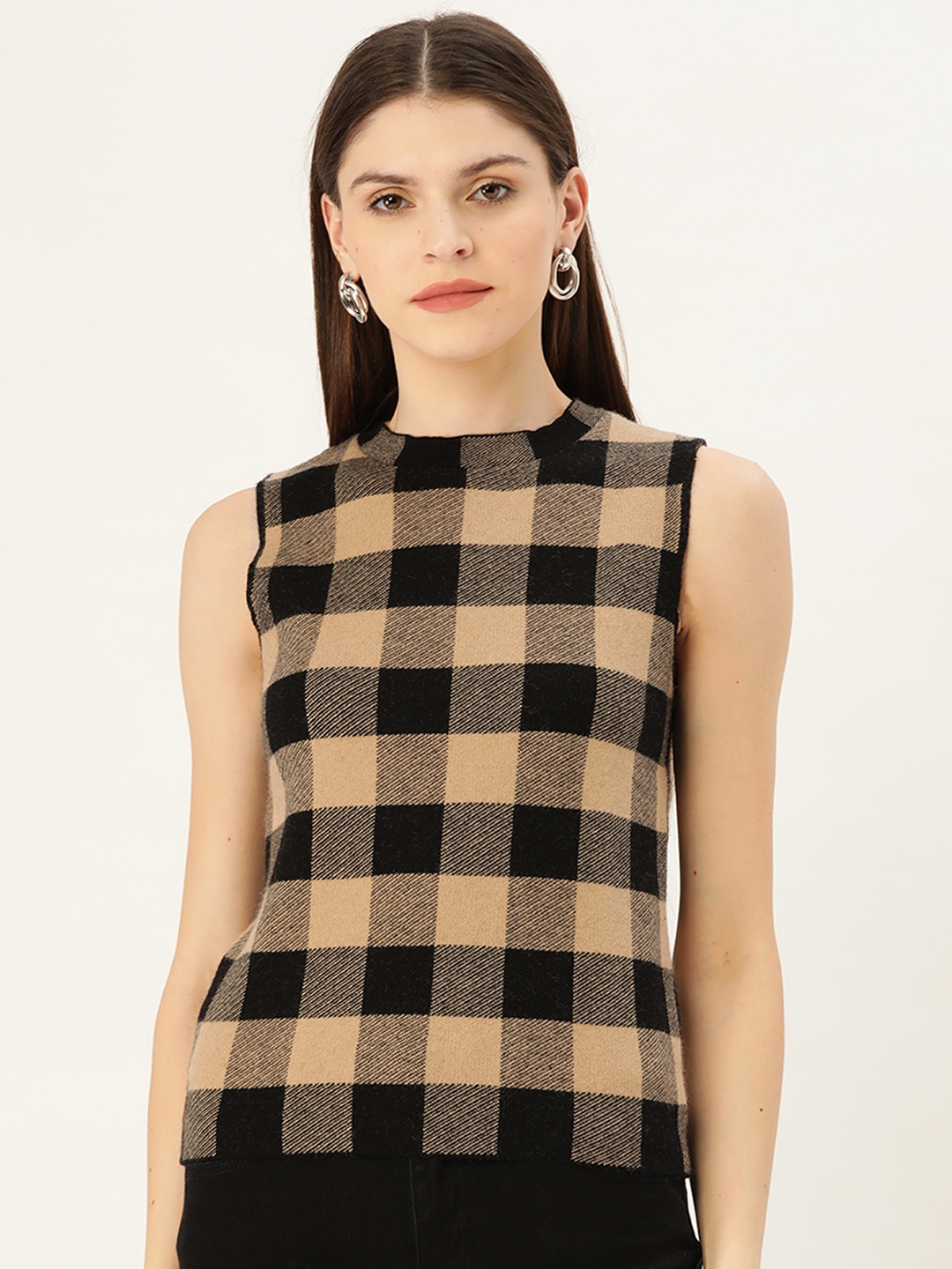 

MANGO Women Beige & Black Checked Top