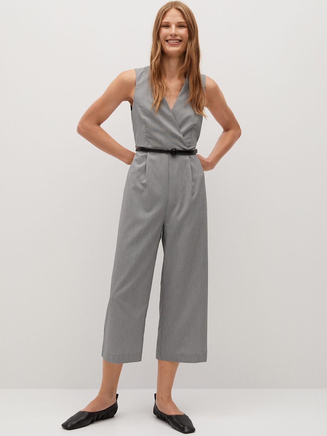 

MANGO Women Grey & Black Self-Checked Cropped Basic Jumpsuit