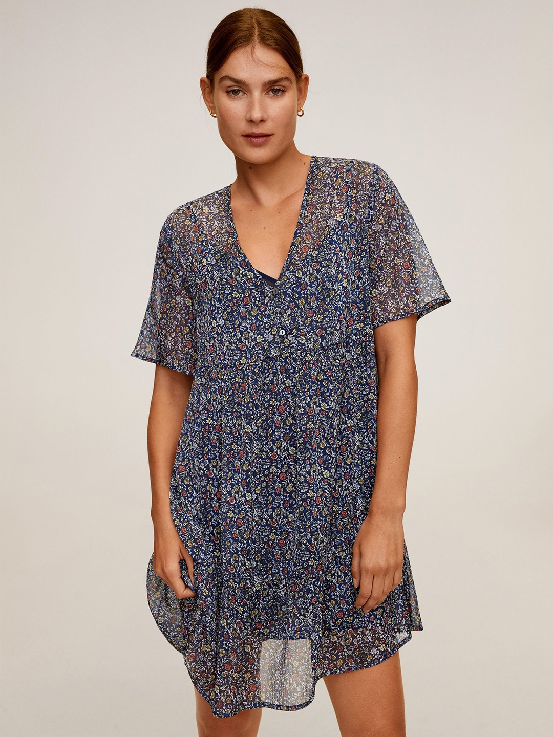 

MANGO Women Navy Blue & Pink Floral Printed Semi-Sheer Shift Dress