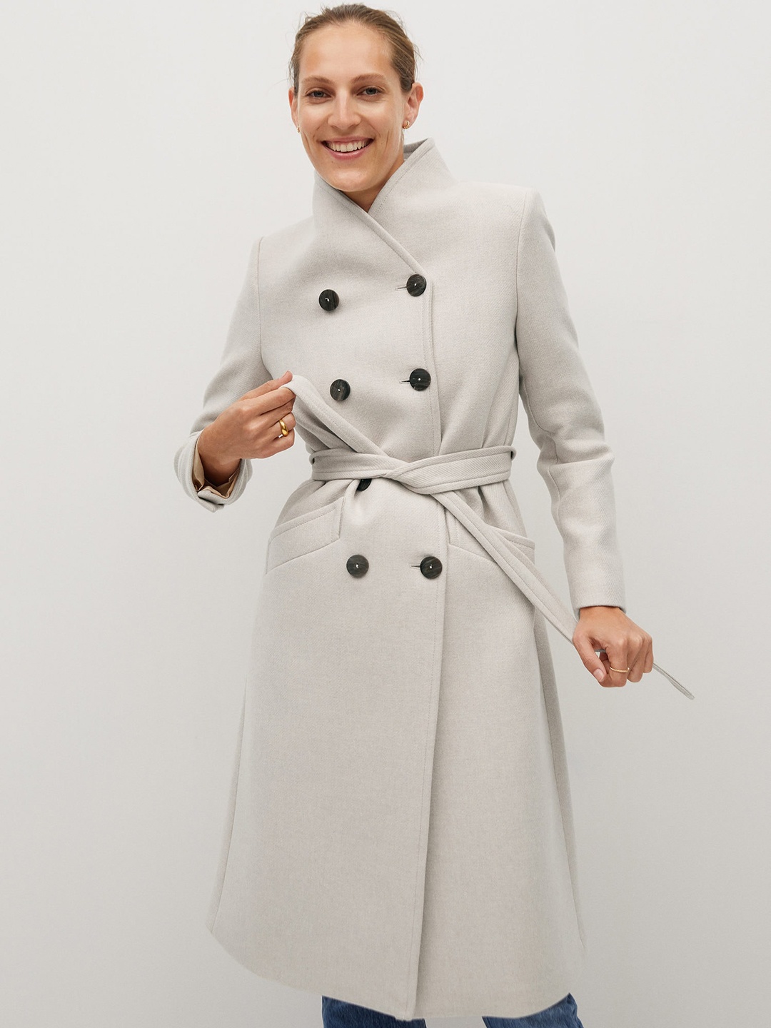 

MANGO Women Off-White Solid Longline Trench Coat