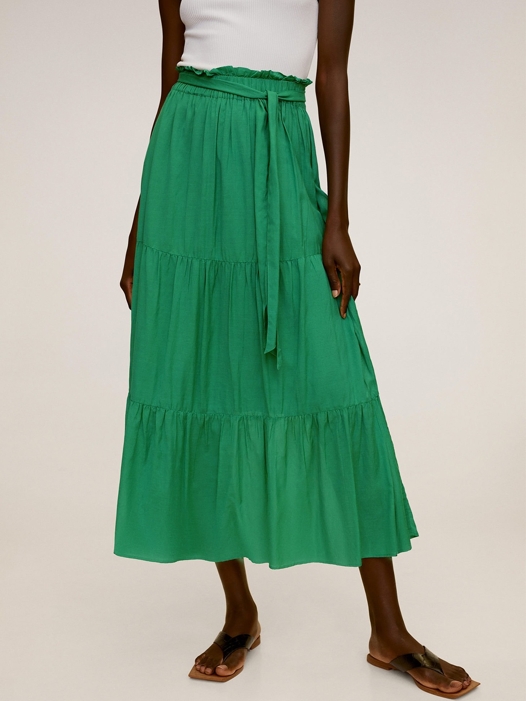 

MANGO Women Green Solid Tiered Skirt