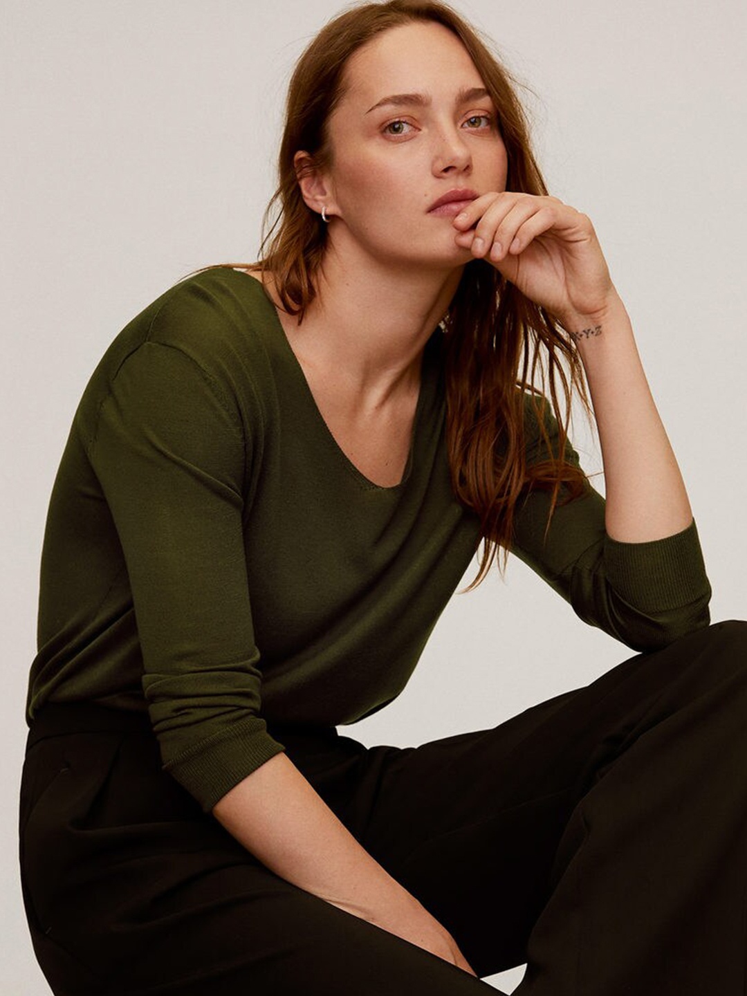 

MANGO Women Olive Green Solid Pullover